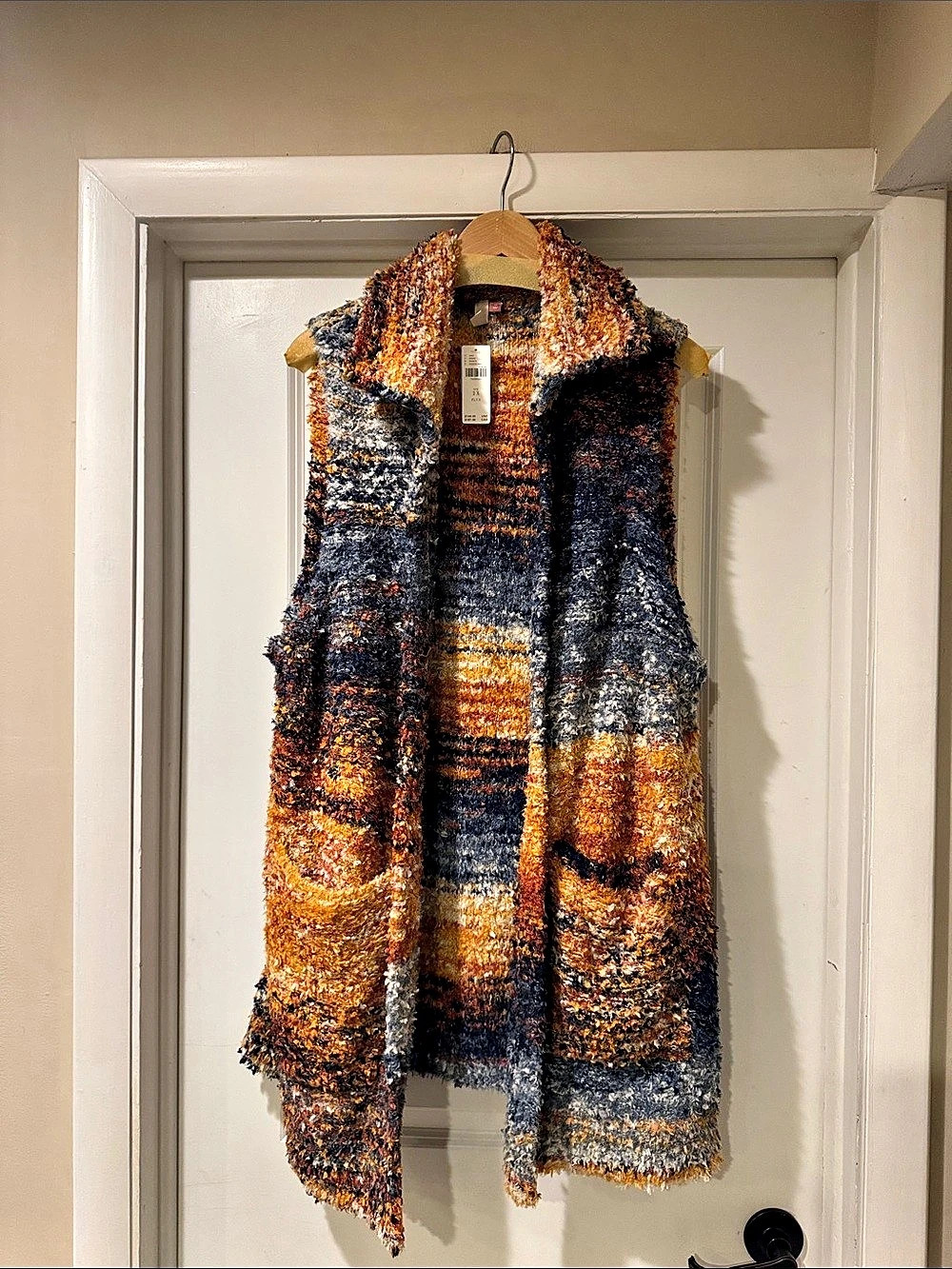 Anthropologie Textured Open Front Vest Orange & Blue Size XXL NWT